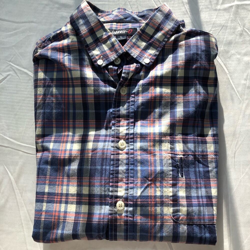 Johnnie O mens L blue pink plaid casual long sleeve button down shirt preppy